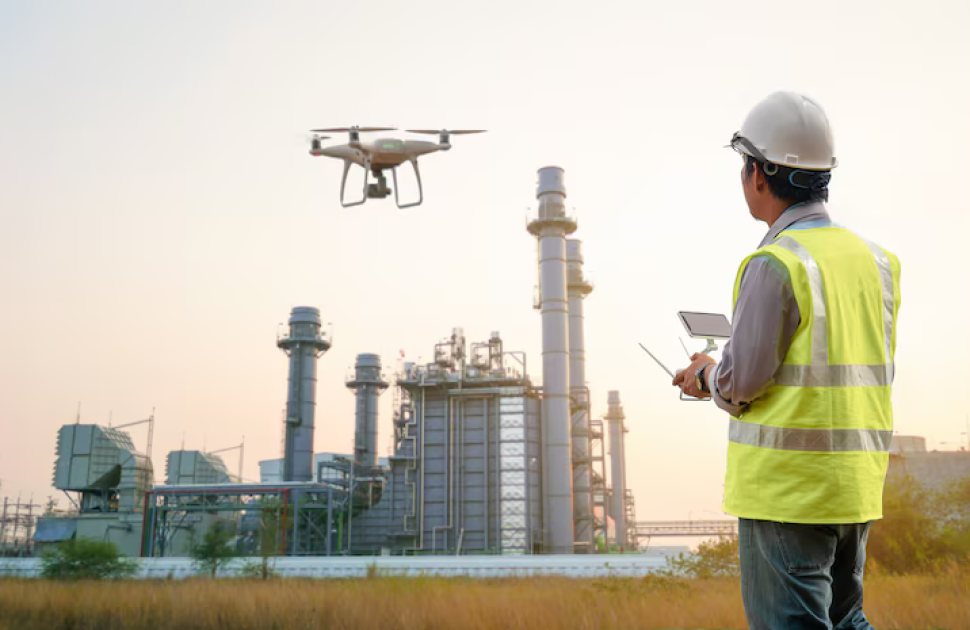 NDT Engineer operating drone in oil and gas industry