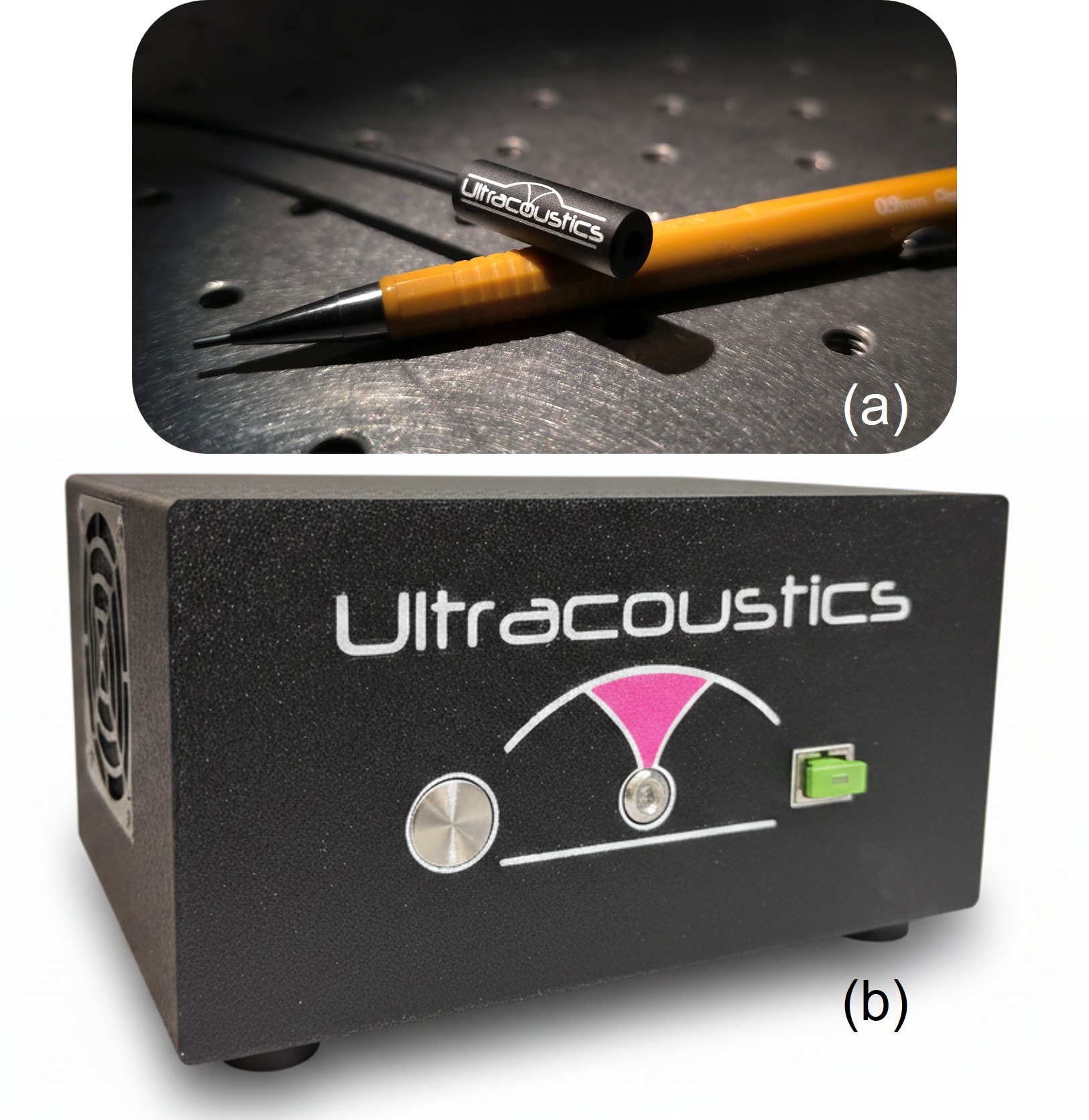 Ultracoustics BROADSONIC optical ultrasonic sensor probe compared to a pencil, with control unit shown below