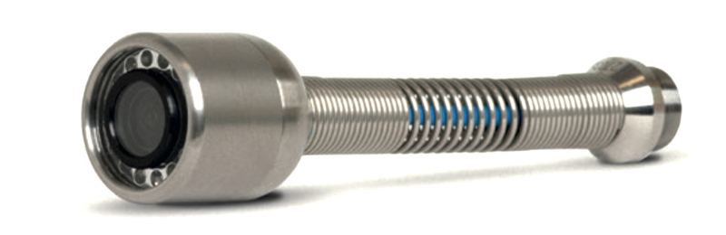 Stainless steel pushrod camera head with LED lighting and flexible neck for NDT pipe and drain inspection