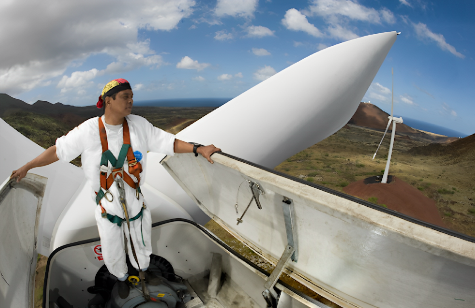 An operator uses the 110-foot-high view from a 900kW wind turbine to conduct visual inspection
