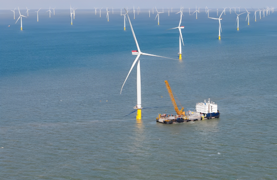An offshore wind turbine under inspection