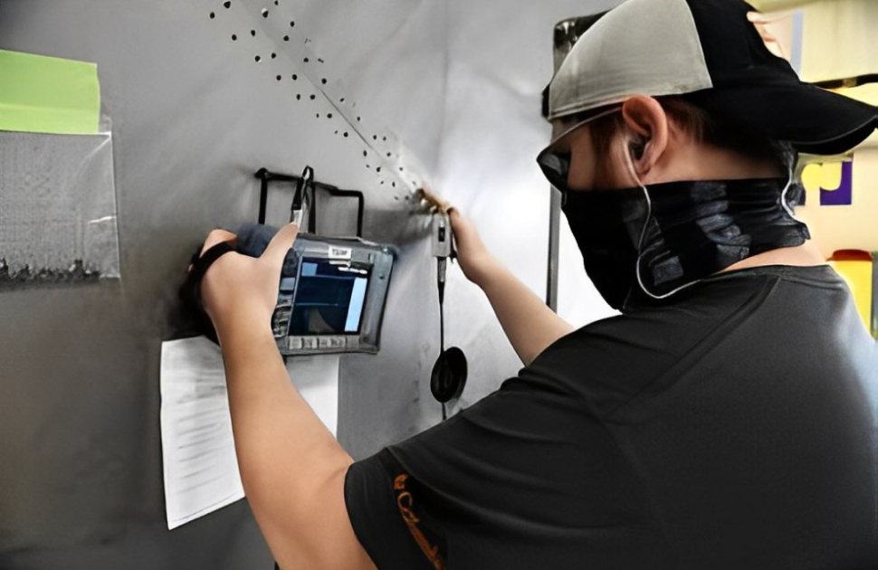 An Air Force engineer uses an eddy current rotary unit to identify possible cracks or weaknesses on an F-15 aircraft wing