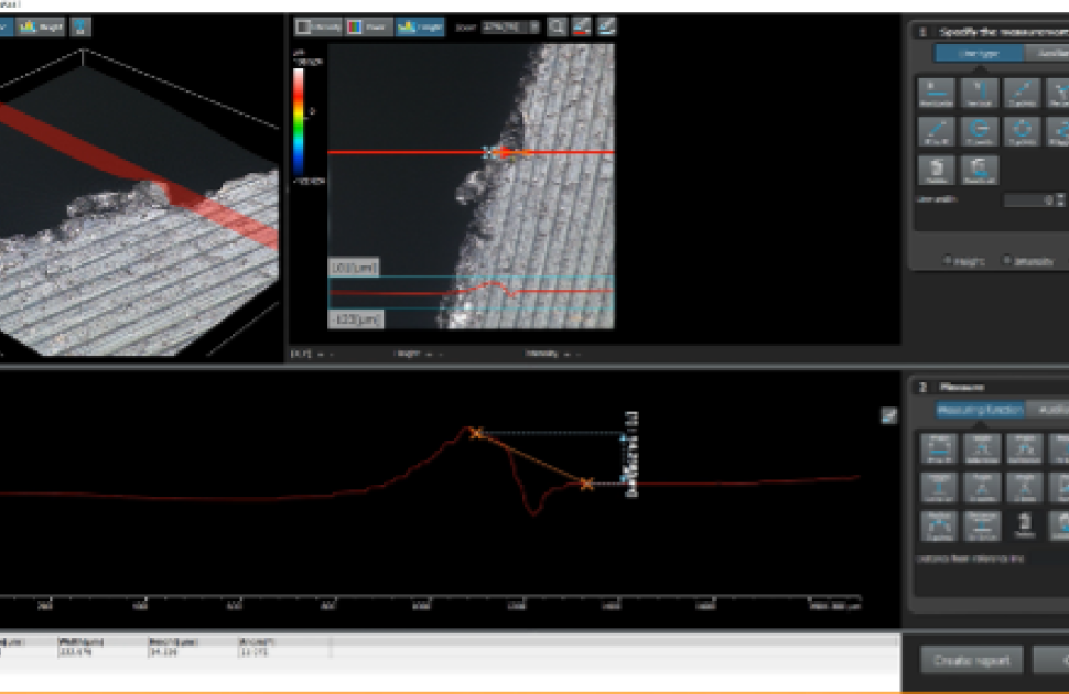 3D image of a burr. Advanced 3D measurement tools enable complex measurements, such as profile measurement and step height measurement between surfaces.