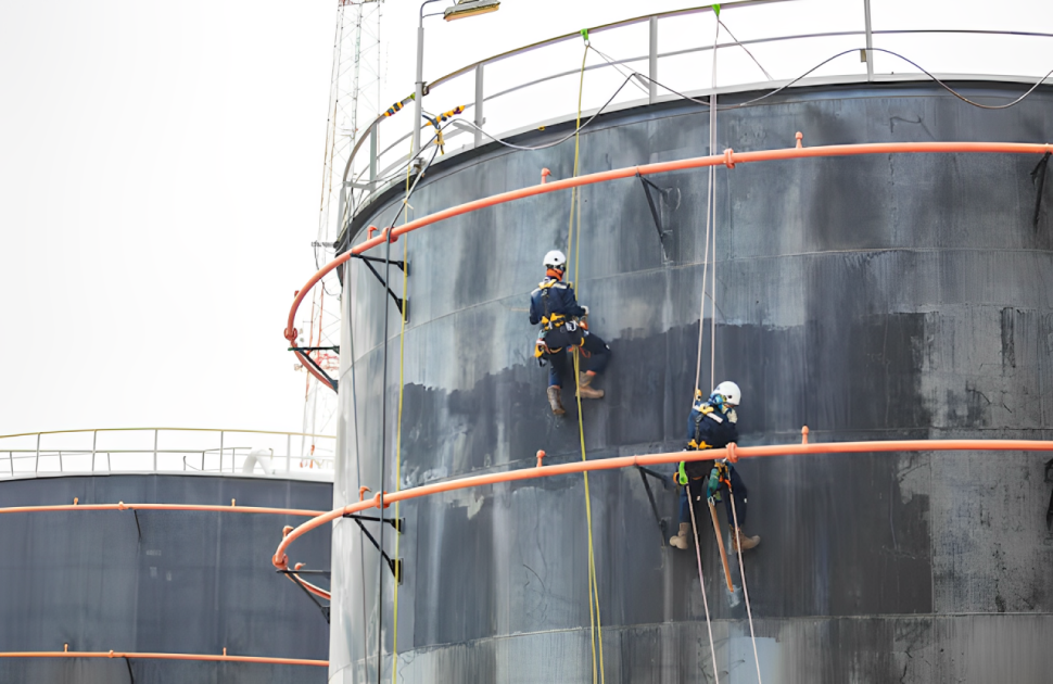 Two NDT Technicians inspecting tank in a traditional way
