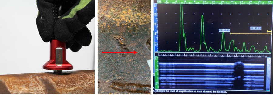 EddyFi RMS scanner with HS582i probe measuring remaining wall thickness in sulfidation-prone carbon steel pipe at 270°C Automated high-temperature ultrasonic testing with HS582i transducer showing A-scan and C-scan wall thickness data on carbon steel pipe